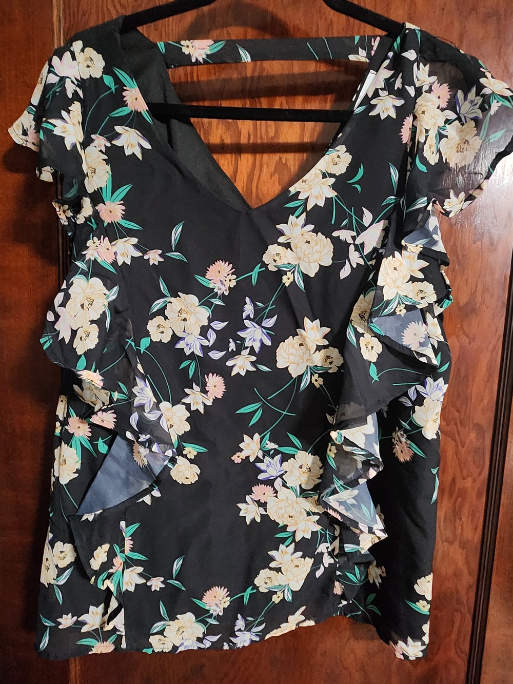 SPLA Black Floral Ruffle V-Neck Blouse